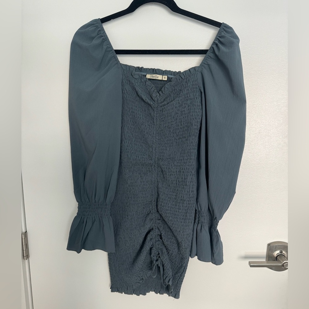 2Bella Blue Ruched Long Sleeve Dress